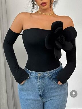 Off-Shoulder Black Floral Appliqué Bodysuit